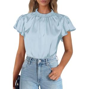 imagePRETTYGARDEN Business Casual Tops for Women Blouses Dressy 2026 Summer Short Sleeve Ruffle Satin Work Office AttireLight Blue
