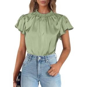 imagePRETTYGARDEN Business Casual Tops for Women Blouses Dressy 2026 Summer Short Sleeve Ruffle Satin Work Office AttireMint Green