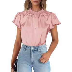 imagePRETTYGARDEN Business Casual Tops for Women Blouses Dressy 2026 Summer Short Sleeve Ruffle Satin Work Office AttirePink