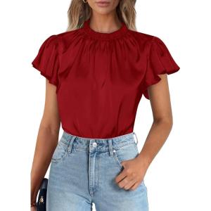 imagePRETTYGARDEN Business Casual Tops for Women Blouses Dressy 2026 Summer Short Sleeve Ruffle Satin Work Office AttireRed