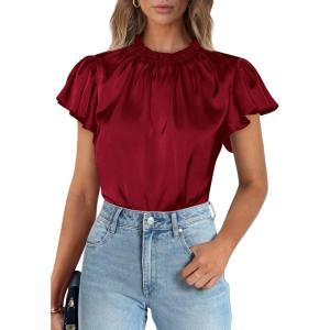 imagePRETTYGARDEN Business Casual Tops for Women Blouses Dressy 2026 Summer Short Sleeve Ruffle Satin Work Office AttireWine Red