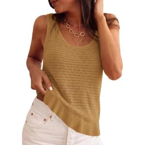 imagePRETTYGARDEN Crochet Tops for Women 2026 Resort Wear Summer Boho Sleeveless Sweater Tank Tops Beach Vacation Spring ClothesKhaki