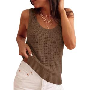 imagePRETTYGARDEN Crochet Tops for Women 2026 Resort Wear Summer Boho Sleeveless Sweater Tank Tops Beach Vacation Spring ClothesLight Brown