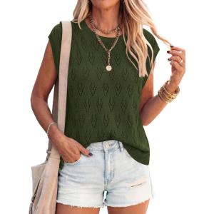imagePRETTYGARDEN Crochet Tops for Women 2026 Summer Sweater Vest Knit Cap Sleeve Hollow Out Tank Coverup Spring Fashion ClothingArmy Green
