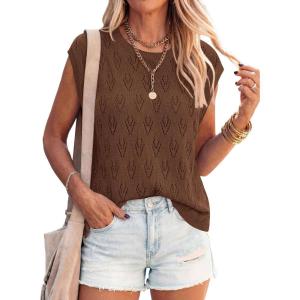 imagePRETTYGARDEN Crochet Tops for Women 2026 Summer Sweater Vest Knit Cap Sleeve Hollow Out Tank Coverup Spring Fashion ClothingBrown