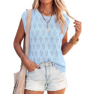 imagePRETTYGARDEN Crochet Tops for Women 2026 Summer Sweater Vest Knit Cap Sleeve Hollow Out Tank Coverup Spring Fashion ClothingLight Blue