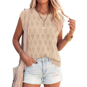 imagePRETTYGARDEN Crochet Tops for Women 2026 Summer Sweater Vest Knit Cap Sleeve Hollow Out Tank Coverup Spring Fashion ClothingLight Khaki