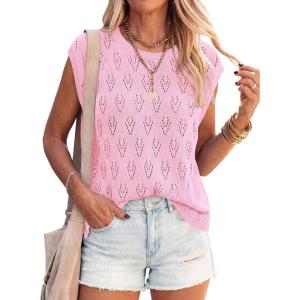 imagePRETTYGARDEN Crochet Tops for Women 2026 Summer Sweater Vest Knit Cap Sleeve Hollow Out Tank Coverup Spring Fashion ClothingLight Pink
