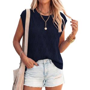 imagePRETTYGARDEN Crochet Tops for Women 2026 Summer Sweater Vest Knit Cap Sleeve Hollow Out Tank Coverup Spring Fashion ClothingNavy Blue