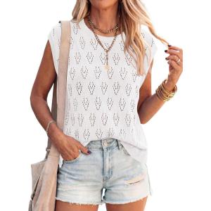 imagePRETTYGARDEN Crochet Tops for Women 2026 Summer Sweater Vest Knit Cap Sleeve Hollow Out Tank Coverup Spring Fashion ClothingWhite