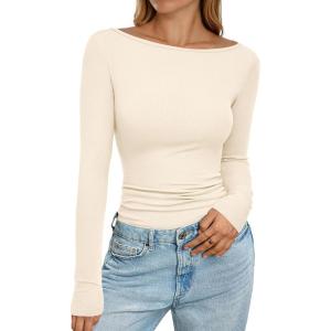 imagePRETTYGARDEN Long Sleeve Shirts for Women 2026 Fall Boat Neck Ribbed Knit Ruched Spring Going Out Tops Casual Basic TeesBeige