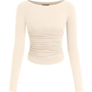 imagePRETTYGARDEN Long Sleeve Shirts for Women 2026 Fall Ruched Sides Boat Neck Basic Tee Casual Fitted Ribbed Knit Crop TopsBeige