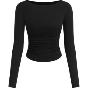 imagePRETTYGARDEN Long Sleeve Shirts for Women 2026 Fall Ruched Sides Boat Neck Basic Tee Casual Fitted Ribbed Knit Crop TopsBlack