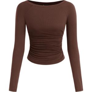 imagePRETTYGARDEN Long Sleeve Shirts for Women 2026 Fall Ruched Sides Boat Neck Basic Tee Casual Fitted Ribbed Knit Crop TopsBrown