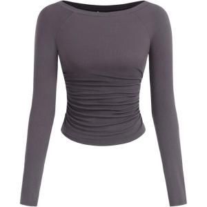 imagePRETTYGARDEN Long Sleeve Shirts for Women 2026 Fall Ruched Sides Boat Neck Basic Tee Casual Fitted Ribbed Knit Crop TopsDark Grey