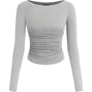 imagePRETTYGARDEN Long Sleeve Shirts for Women 2026 Fall Ruched Sides Boat Neck Basic Tee Casual Fitted Ribbed Knit Crop TopsGrey