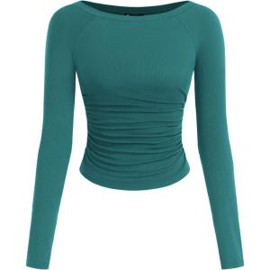 imagePRETTYGARDEN Long Sleeve Shirts for Women 2026 Fall Ruched Sides Boat Neck Basic Tee Casual Fitted Ribbed Knit Crop TopsLake Blue