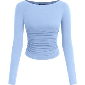 imagePRETTYGARDEN Long Sleeve Shirts for Women 2026 Fall Ruched Sides Boat Neck Basic Tee Casual Fitted Ribbed Knit Crop TopsLight Blue