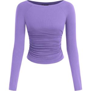 imagePRETTYGARDEN Long Sleeve Shirts for Women 2026 Fall Ruched Sides Boat Neck Basic Tee Casual Fitted Ribbed Knit Crop TopsPurple Grey