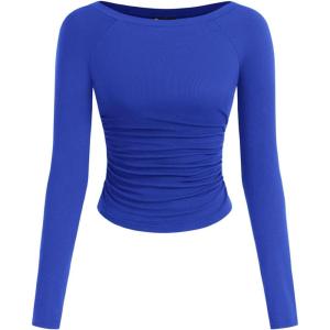 imagePRETTYGARDEN Long Sleeve Shirts for Women 2026 Fall Ruched Sides Boat Neck Basic Tee Casual Fitted Ribbed Knit Crop TopsRoyal Blue