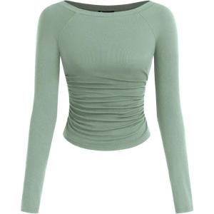 imagePRETTYGARDEN Long Sleeve Shirts for Women 2026 Fall Ruched Sides Boat Neck Basic Tee Casual Fitted Ribbed Knit Crop TopsSage Green