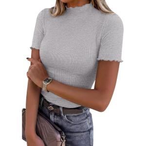 imagePRETTYGARDEN Short Sleeve T Shirts for Women Summer Clothes 2026 Casual Spring Tops Ruffle Mock Neck Ribbed Fitted Basic TeesGrey