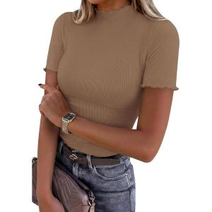 imagePRETTYGARDEN Short Sleeve T Shirts for Women Summer Clothes 2026 Casual Spring Tops Ruffle Mock Neck Ribbed Fitted Basic TeesLight Brown