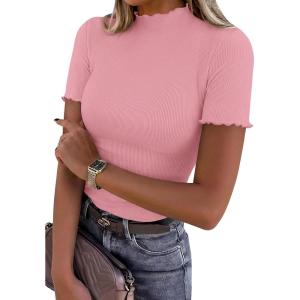 imagePRETTYGARDEN Short Sleeve T Shirts for Women Summer Clothes 2026 Casual Spring Tops Ruffle Mock Neck Ribbed Fitted Basic TeesPink