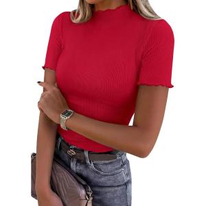 imagePRETTYGARDEN Short Sleeve T Shirts for Women Summer Clothes 2026 Casual Spring Tops Ruffle Mock Neck Ribbed Fitted Basic TeesRed