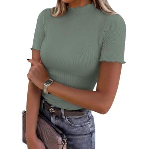 imagePRETTYGARDEN Short Sleeve T Shirts for Women Summer Clothes 2026 Casual Spring Tops Ruffle Mock Neck Ribbed Fitted Basic TeesSage Green