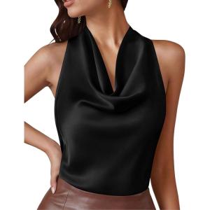 imagePRETTYGARDEN Silk Satin Halter Tops for Women Summer 2026 Cowl Neck Tie Back Going Out Sleeveless Business Casual Tank TopBlack