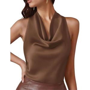 imagePRETTYGARDEN Silk Satin Halter Tops for Women Summer 2026 Cowl Neck Tie Back Going Out Sleeveless Business Casual Tank TopBrown
