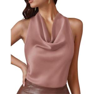 imagePRETTYGARDEN Silk Satin Halter Tops for Women Summer 2026 Cowl Neck Tie Back Going Out Sleeveless Business Casual Tank TopPink
