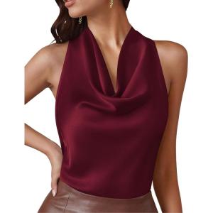 imagePRETTYGARDEN Silk Satin Halter Tops for Women Summer 2026 Cowl Neck Tie Back Going Out Sleeveless Business Casual Tank TopWine Red