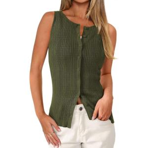 imagePRETTYGARDEN Sleeveless Button Down Shirts for Women Summer 2026 Going Out Ribbed Knit Tank Tops Y2K Clothes Trendy Vest TopsArmy Green