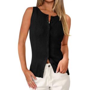 imagePRETTYGARDEN Sleeveless Button Down Shirts for Women Summer 2026 Going Out Ribbed Knit Tank Tops Y2K Clothes Trendy Vest TopsBlack