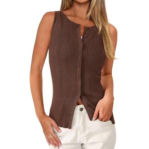 imagePRETTYGARDEN Sleeveless Button Down Shirts for Women Summer 2026 Going Out Ribbed Knit Tank Tops Y2K Clothes Trendy Vest TopsBrown