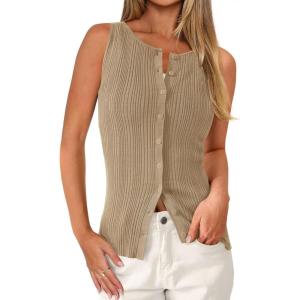imagePRETTYGARDEN Sleeveless Button Down Shirts for Women Summer 2026 Going Out Ribbed Knit Tank Tops Y2K Clothes Trendy Vest TopsCamel