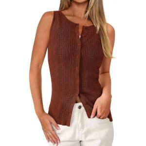 imagePRETTYGARDEN Sleeveless Button Down Shirts for Women Summer 2026 Going Out Ribbed Knit Tank Tops Y2K Clothes Trendy Vest TopsCaramel