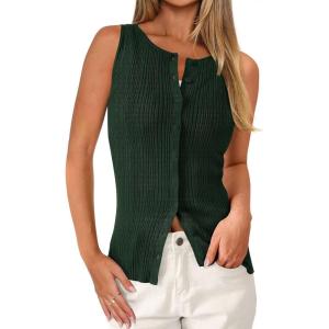 imagePRETTYGARDEN Sleeveless Button Down Shirts for Women Summer 2026 Going Out Ribbed Knit Tank Tops Y2K Clothes Trendy Vest TopsDark Green