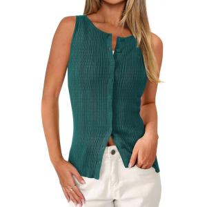 imagePRETTYGARDEN Sleeveless Button Down Shirts for Women Summer 2026 Going Out Ribbed Knit Tank Tops Y2K Clothes Trendy Vest TopsMalachite Green