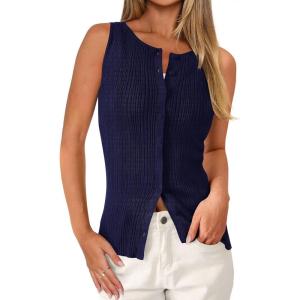 imagePRETTYGARDEN Sleeveless Button Down Shirts for Women Summer 2026 Going Out Ribbed Knit Tank Tops Y2K Clothes Trendy Vest TopsNavy