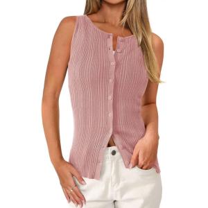 imagePRETTYGARDEN Sleeveless Button Down Shirts for Women Summer 2026 Going Out Ribbed Knit Tank Tops Y2K Clothes Trendy Vest TopsPink
