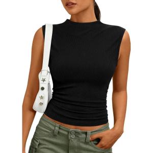imagePRETTYGARDEN Sleeveless Tops for Women Ribbed Mock Neck Tank Top Slim Fitted Ruched Basic Layering Shirts 2026 Summer ClothesBlack
