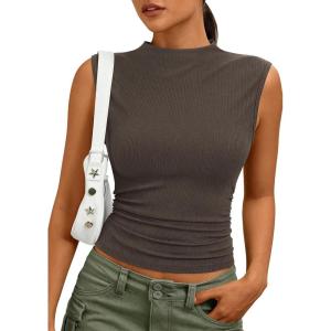 imagePRETTYGARDEN Sleeveless Tops for Women Ribbed Mock Neck Tank Top Slim Fitted Ruched Basic Layering Shirts 2026 Summer ClothesBrown