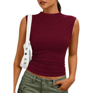imagePRETTYGARDEN Sleeveless Tops for Women Ribbed Mock Neck Tank Top Slim Fitted Ruched Basic Layering Shirts 2026 Summer ClothesBurgundy