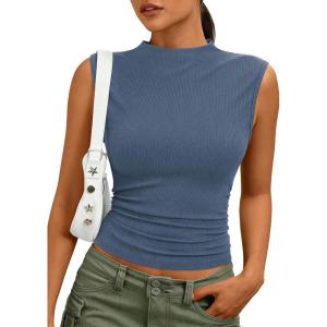 imagePRETTYGARDEN Sleeveless Tops for Women Ribbed Mock Neck Tank Top Slim Fitted Ruched Basic Layering Shirts 2026 Summer ClothesDusty Blue