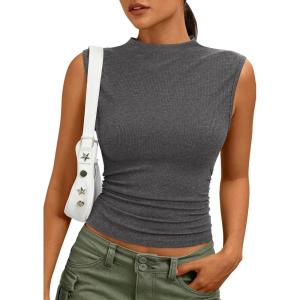 imagePRETTYGARDEN Sleeveless Tops for Women Ribbed Mock Neck Tank Top Slim Fitted Ruched Basic Layering Shirts 2026 Summer ClothesGrey