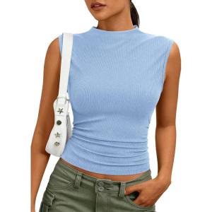 imagePRETTYGARDEN Sleeveless Tops for Women Ribbed Mock Neck Tank Top Slim Fitted Ruched Basic Layering Shirts 2026 Summer ClothesLight Blue