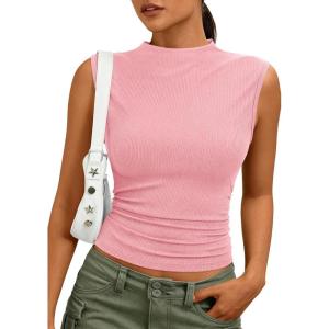 imagePRETTYGARDEN Sleeveless Tops for Women Ribbed Mock Neck Tank Top Slim Fitted Ruched Basic Layering Shirts 2026 Summer ClothesPink